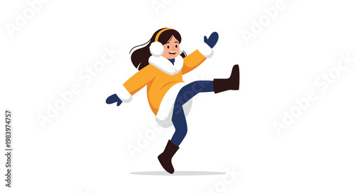 Joyful girl dressed in warm winter clothing and earmuffs kicks her leg up in a happy pose, capturing the spirit of seasonal fun.
