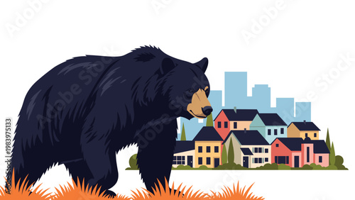 Large black bear walking through orange grass with a suburban residential neighborhood and city skyline in the background.