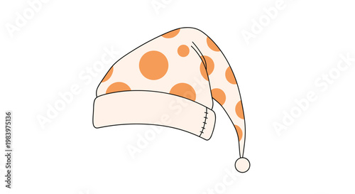 Charming winter nightcap or sleeping hat features a soft cream color with large orange polka dots and a white pompom at the tip.