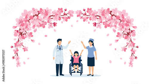 Medical team of a doctor and nurse celebrating with a young girl in a wheelchair under beautiful cherry blossom branches.