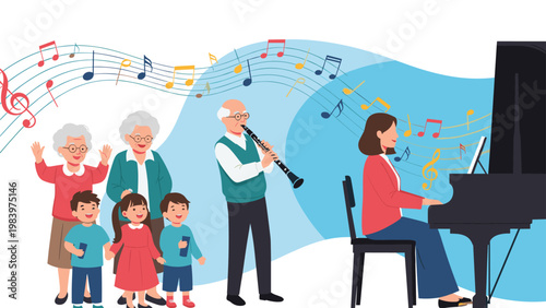 Senior citizens and children enjoying a musical session with a woman playing the piano and an elderly man playing clarinet.