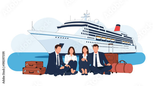Group of business professionals in suits sitting with their luggage in front of a massive luxury cruise ship at sea.