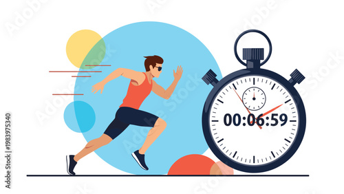 Man running fast in a red tank top and sunglasses next to a large stopwatch timing his performance during a race.