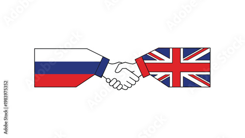 Handshake between two sleeves decorated with the national flags of Russia and the United Kingdom symbolizing diplomatic relations.