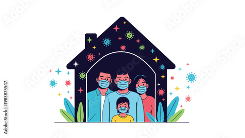 Family of four wearing medical masks standing inside the silhouette of a house during a pandemic quarantine situation.