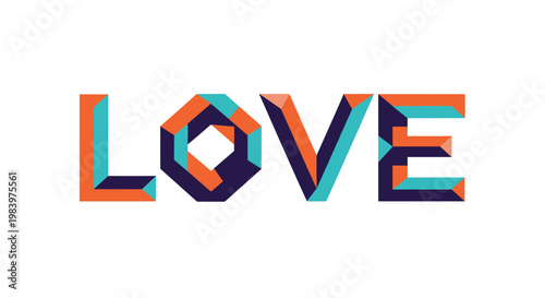 Word love is presented in a bold geometric font using a vibrant palette of orange, teal, and dark blue with 3d block styling.