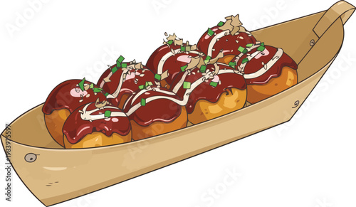 Flat vector illustration of Japanese takoyaki octopus balls with sauce in a wooden boat