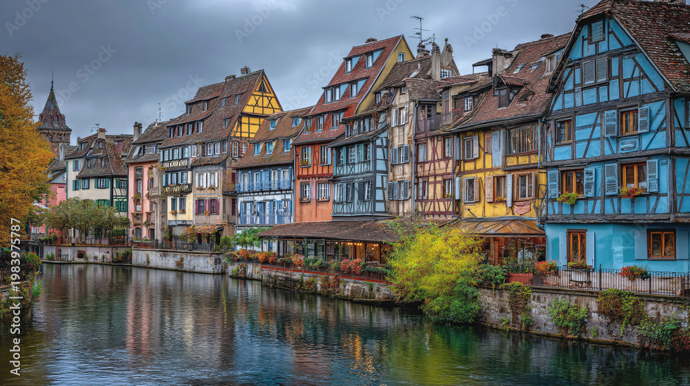 Naklejka premium Half timber houses and canal in Alsace town street view