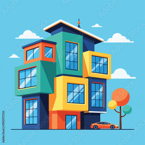 Colorful modern multistory residential building.