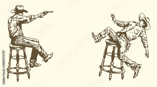 Cowboys duel on stools shooting pistols with wild west old west shooting confrontation illustration engraving monochrome character conflict violence adventure historical outdoors