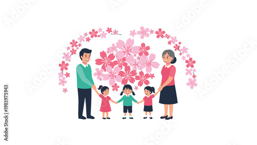 Family of three generations holding hands in a circle under a beautiful cherry blossom tree frame in the springtime.