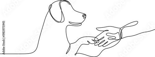 dog with human hand continuous one line drawing, Man high-fiving dog in continuous line art drawing style. Pet and people friendship. Black linear sketch isolated on white background.