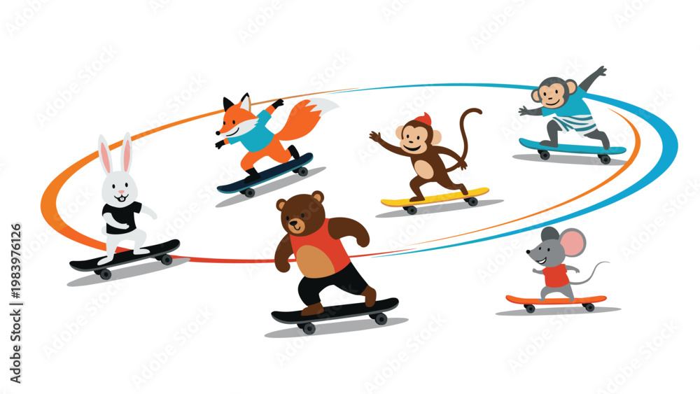 Fototapeta premium Group of cute animals including a bear, fox, and monkeys riding skateboards in a circle on a plain white background.