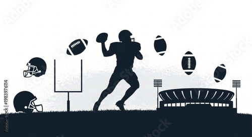 American Football Player Silhouette Throwing Ball Stadium Lights.