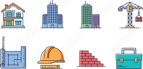 Construction and architecture icons vector set with buildings crane blueprint helmet tools urban development design collection