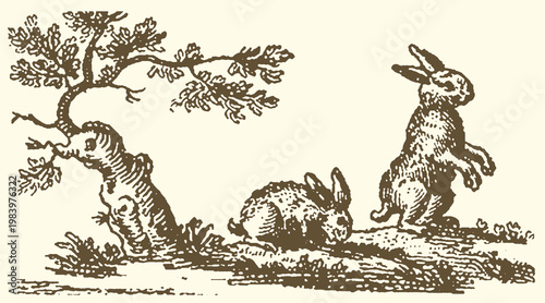 Vintage illustration of rabbits in a meadow under a tree with wildlife illustration adorable outdoors countryside rabbitry standing ornament engraving botanical creatures whimsical