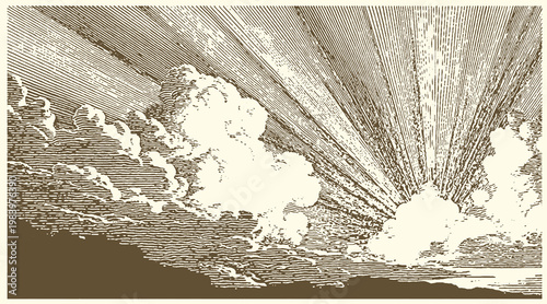 Abstract clouds and sun rays in sepia tone with abstract illustration overhead horizontal background atmospheric cloudscape radiance illumination contrast monochromatic artistic detailed