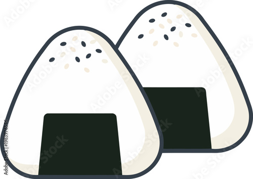 Minimalist flat vector illustration of two Japanese onigiri rice balls wrapped in seaweed