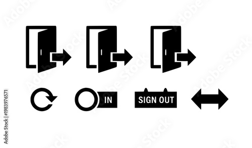 Login and logout vector icon set with enter exit door symbols and directional arrows in clean flat design