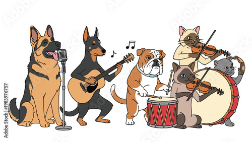 Musical band consisting of various dog and cat breeds playing instruments and singing into a microphone for a concert.