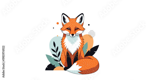 Beautiful red fox is sitting calmly among stylized leaves and geometric shapes in a modern and colorful flat design vector illustration style.