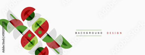 Abstract geometric shapes overlap, creating dynamic visual effect. Green, red, gray colors dominate neutral background. Minimalist design.