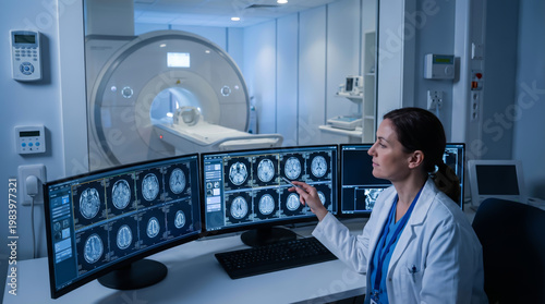 Professional female radiologist analyzing brain MRI scan results on multiple computer monitors in a modern hospital radiology department with magnetic resonance imaging machine in background.