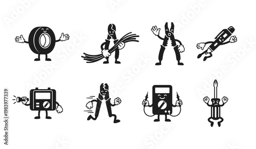 Retro Cartoon Professional Electrician Tools Character Set, Anthropomorphic Screwdriver Pliers Multimeter and Electrical Tape Icons on White