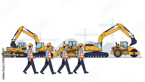 Professional construction workers in safety vests and helmets walking in front of heavy machinery at a building site.