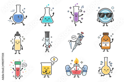 Cute Laboratory Glassware and Chemistry Equipment Characters in Retro Style, Fun Beaker Flask Pipette and Test Tube Mascot Vector Collection