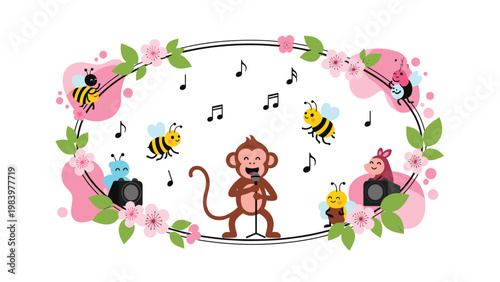 Happy monkey sings into a microphone surrounded by cheerful bees and musical notes inside a beautiful pink floral decorative frame.