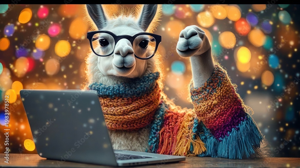 Fototapeta premium cheerful llama wearing glasses and a colorful knitted scarf raises a hoof beside a laptop against warm festive bokeh lights