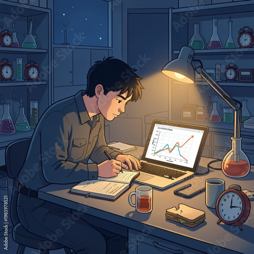 Young Scientist Working Late in Lab with Experiments and Data Analysis Vector Illustration