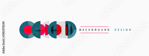 Abstract geometric shapes, circles, lines. Teal, red, blue colors present. Minimalist design, background element. Clean aesthetic.
