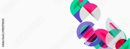 Abstract colorful shapes overlap, creating dynamic composition. Bright hues contrast against white background. Modern design element.