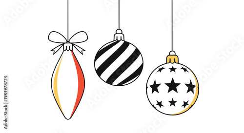 Three diverse christmas ornaments including a star-patterned ball, a striped bauble, and a teardrop shape hang vertically for decoration.