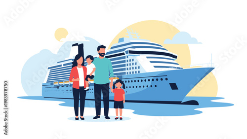 Happy family of four stands together on a dock in front of a massive luxury cruise ship ready for their tropical ocean vacation.