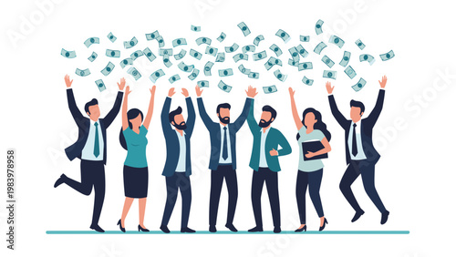 Group of diverse business people jumps for joy as banknotes rain down from above, celebrating a major financial win or success.