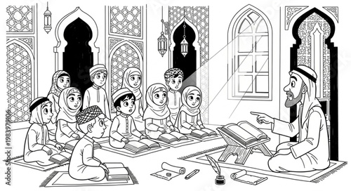 Islamic School Children Learning with Teacher in Classroom.