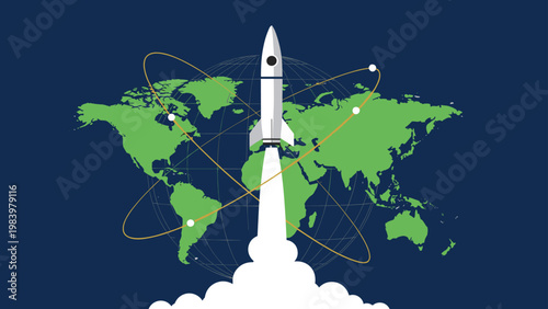 White rocket blasts off from Earth into space, surrounded by orbital paths and planetary map against a dark blue background.