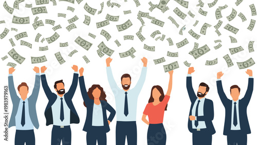 Successful professionals celebrate together with their arms raised as money falls from the sky, representing wealth and prosperity.