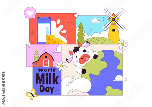 World Milk Day Vector Illustration Fresh Dairy Concept With Cow Farm Milk Bottle Cheese And Healthy Nutrition Theme For Celebration Design