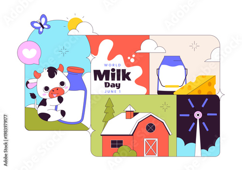 World Milk Day Vector Illustration Fresh Dairy Concept With Cow Farm Milk Bottle Cheese And Healthy Nutrition Theme For Celebration Design