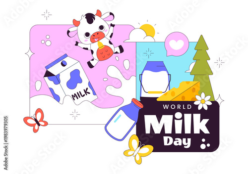 World Milk Day Vector Illustration Fresh Dairy Concept With Cow Farm Milk Bottle Cheese And Healthy Nutrition Theme For Celebration Design