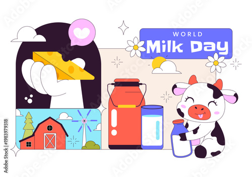 World Milk Day Vector Illustration Fresh Dairy Concept With Cow Farm Milk Bottle Cheese And Healthy Nutrition Theme For Celebration Design
