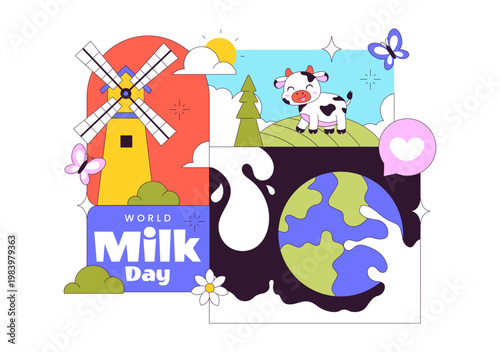World Milk Day Vector Illustration Fresh Dairy Concept With Cow Farm Milk Bottle Cheese And Healthy Nutrition Theme For Celebration Design