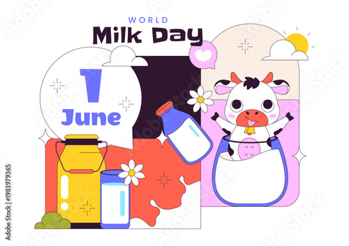 World Milk Day Vector Illustration Fresh Dairy Concept With Cow Farm Milk Bottle Cheese And Healthy Nutrition Theme For Celebration Design