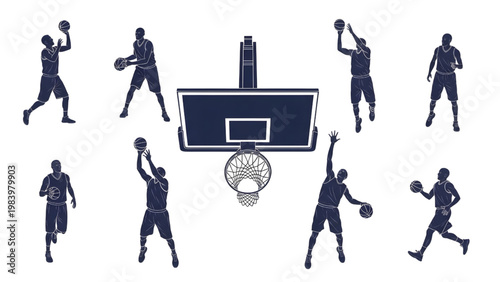 Top-Down Basketball Hoop Blueprint – Sports Activity Silhouette Set, CAD Technical Elements on White Background