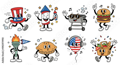 Retro American Independence Day Celebration Elements in Vintage Cartoon Style, Patriotic Fourth of July Symbols with Rubber Hose Animation Look