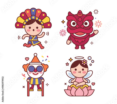 Diverse Cultural Festival Performers and Characters Set, Traditional Lion Dance Folk Dancer Clown on Stilts and Fairy on Lotus Illustration
